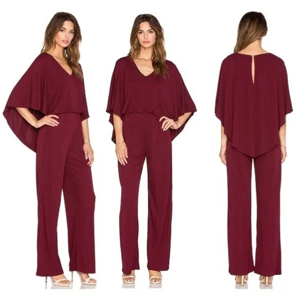 Trina Turk Willows 2 Jumpsuit Batwing Cape Flowy Sleeve Burgundy Size 0 - Picture 1 of 8
